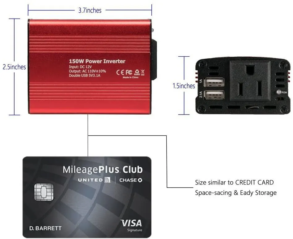 150W Car Power Inverter 12V DC to 110V AC Converter with 3.1A Dual USB Car Charger