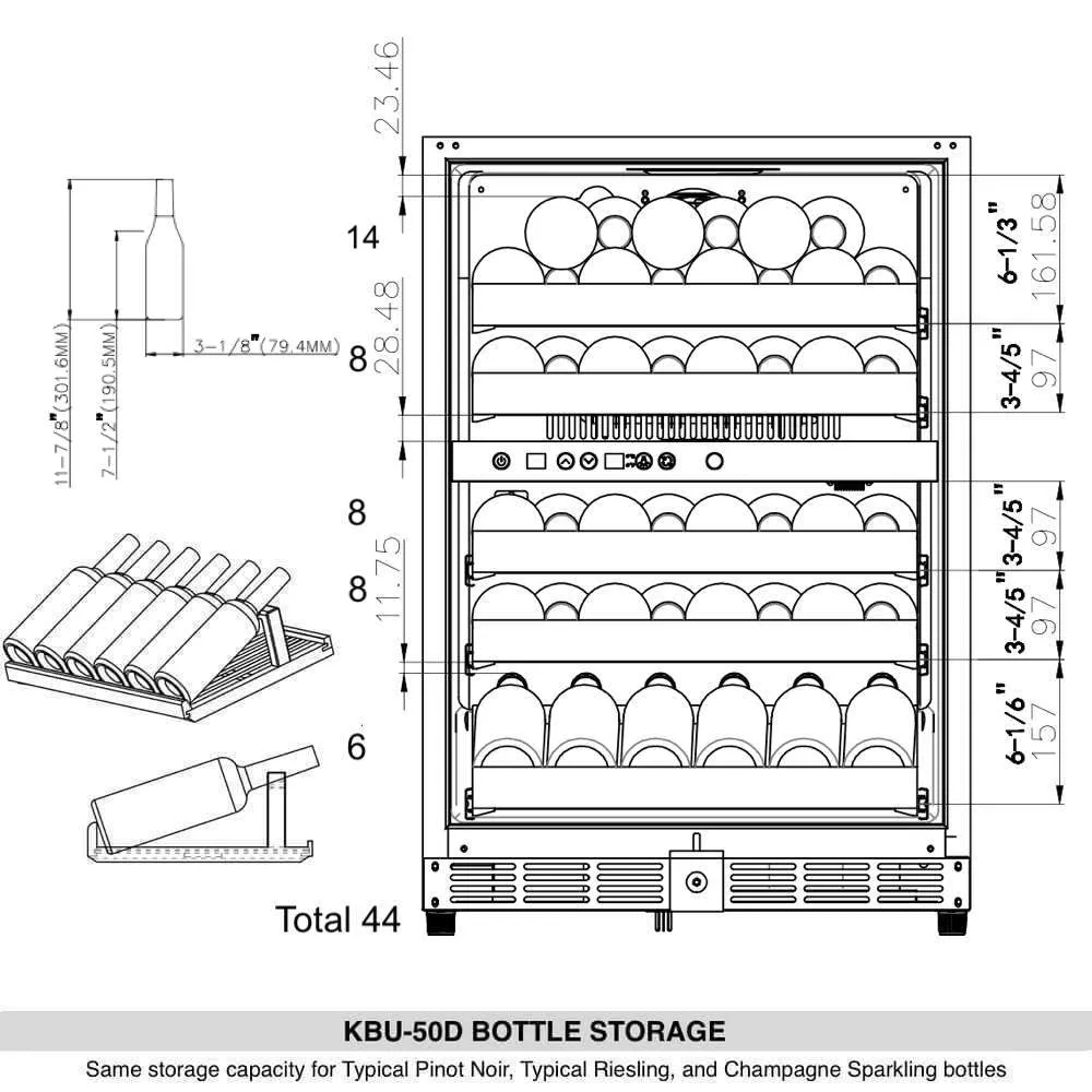 44 Bottles 24 Inch Under Counter Dual Zone Wine Cooler Drinks