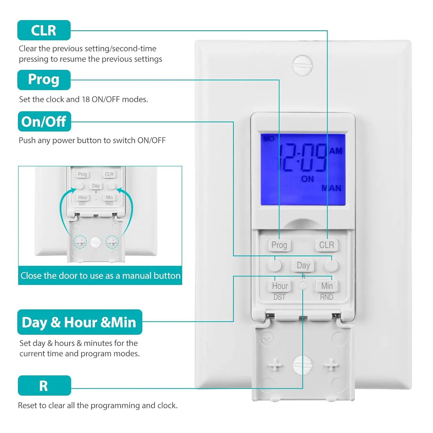 7 Day Programmable In-Wall Timer Switch, Single Bole 3 Way Use Blue Backlight BN-LINK