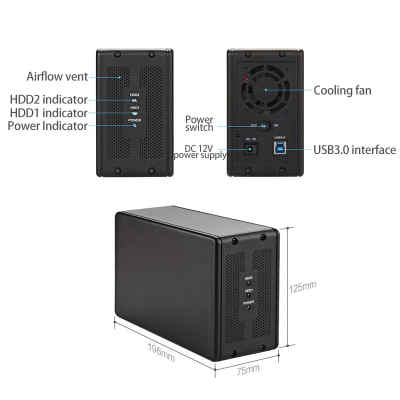 Acasis USB 3.0 2 Bays 3.5 Inch SATA Array Cabinet with RAID Function