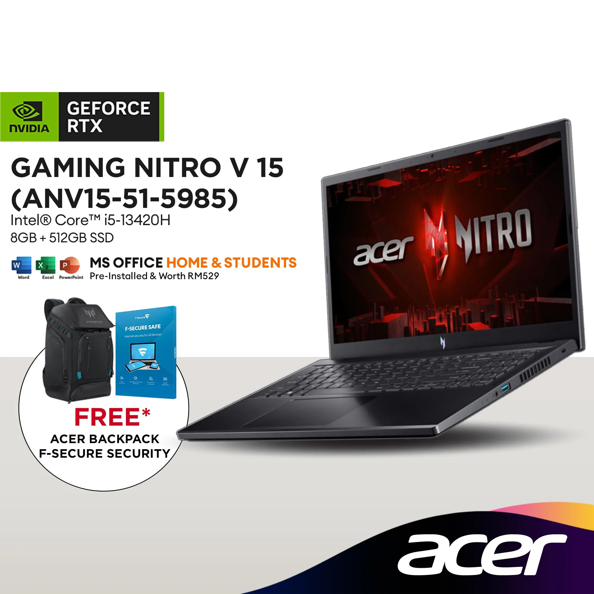 Acer Gaming Nitro V 15 ANV15-51-5985 15.6" FHD 144Hz Laptop (Intel® Core™ i5-13420H | 8GB | 512GB SSD | RTX™ 4050 | H&S)