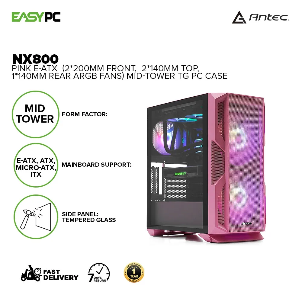 Antec NX800 Pink E-ATX Mid-Tower TG PC Case (2*200mm Front, 2*140mm Top, 1*140mm Rear ARGB Fans) 19GLO ANNX2642