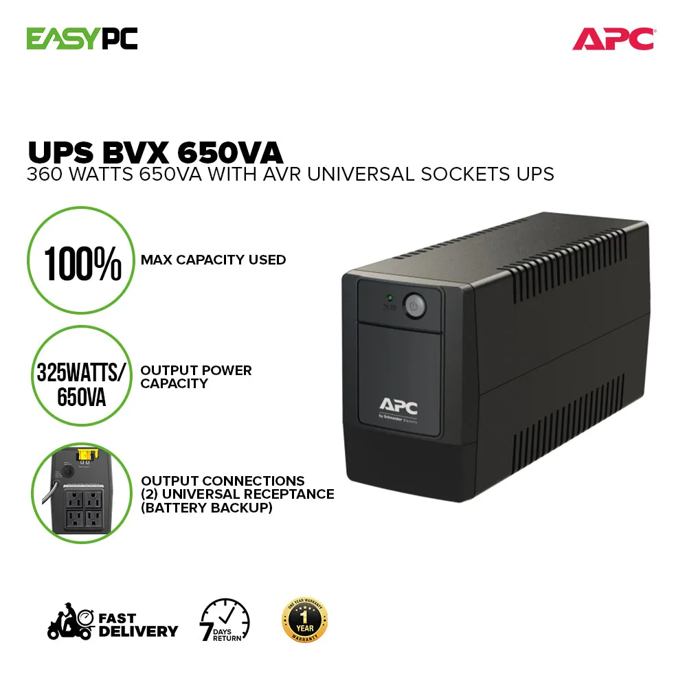 APC Back-Ups BVX650I-PH 360 Watts 650va with Avr Generator Compatible Universal Sockets Ups