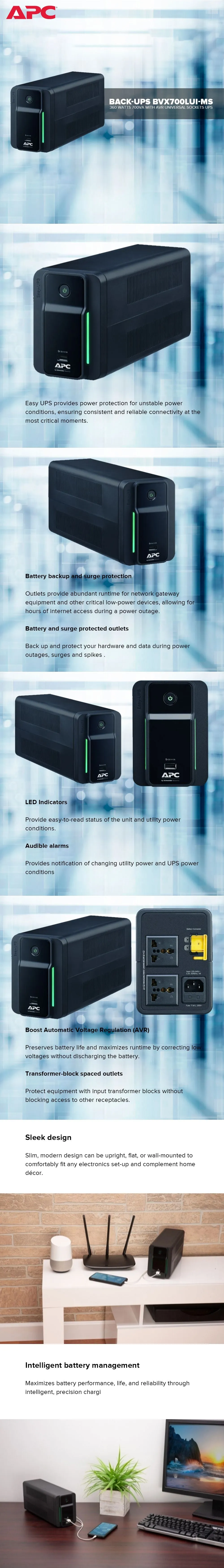 APC Back-Ups BVX700LUI-MS 360 Watts 700va with Avr