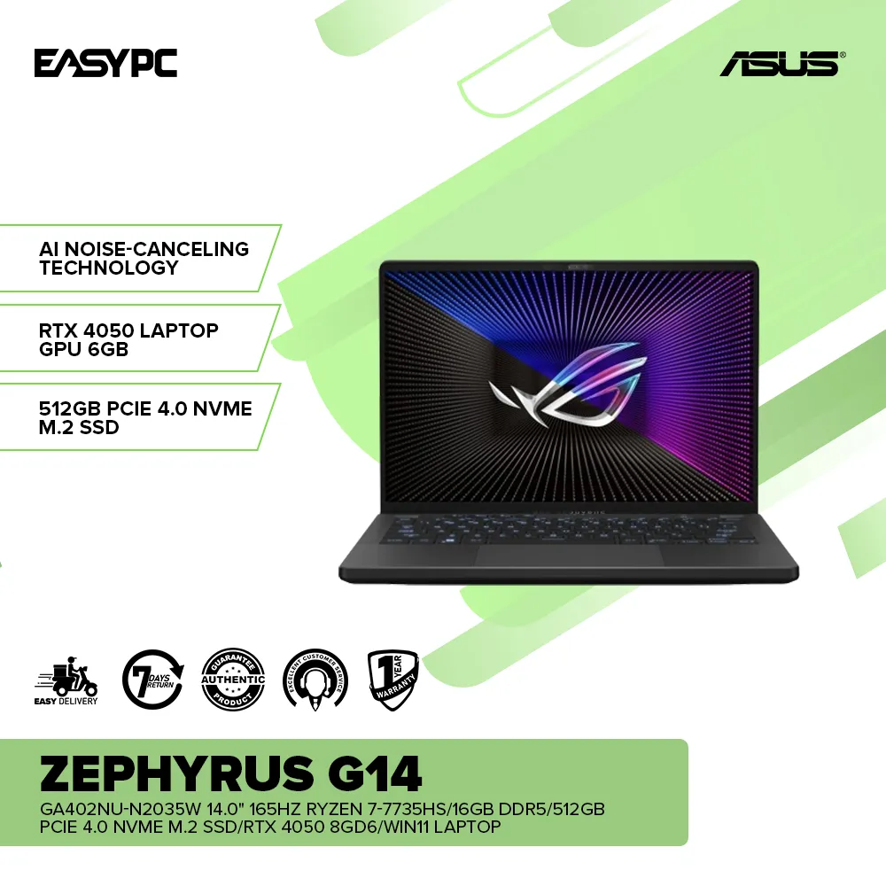 ASUS ROG Zephyrus G14 GA402NU-N2035W 14.0" 165Hz R7-7735HS/16GB DDR5/512GB SSD/RTX 4050/Win11 Laptop