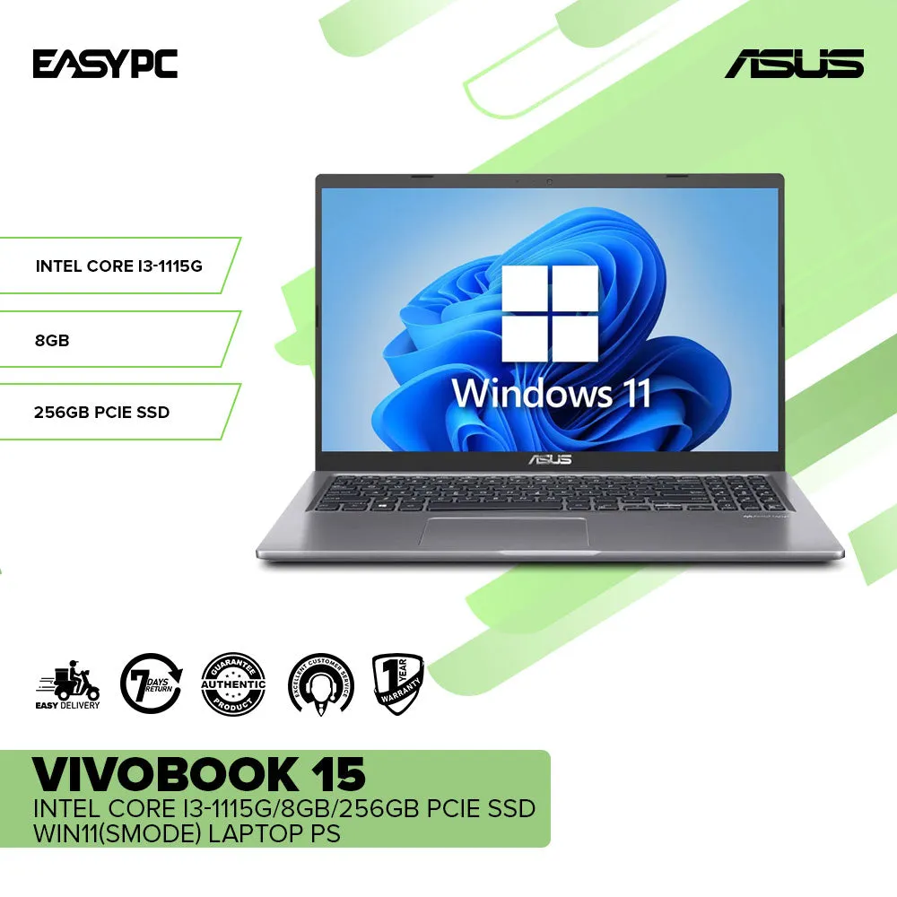 ASUS VivoBook 15 Intel Core i3-1115G/8GB/256GB PCIe SSD/Win11(Smode) Laptop PS