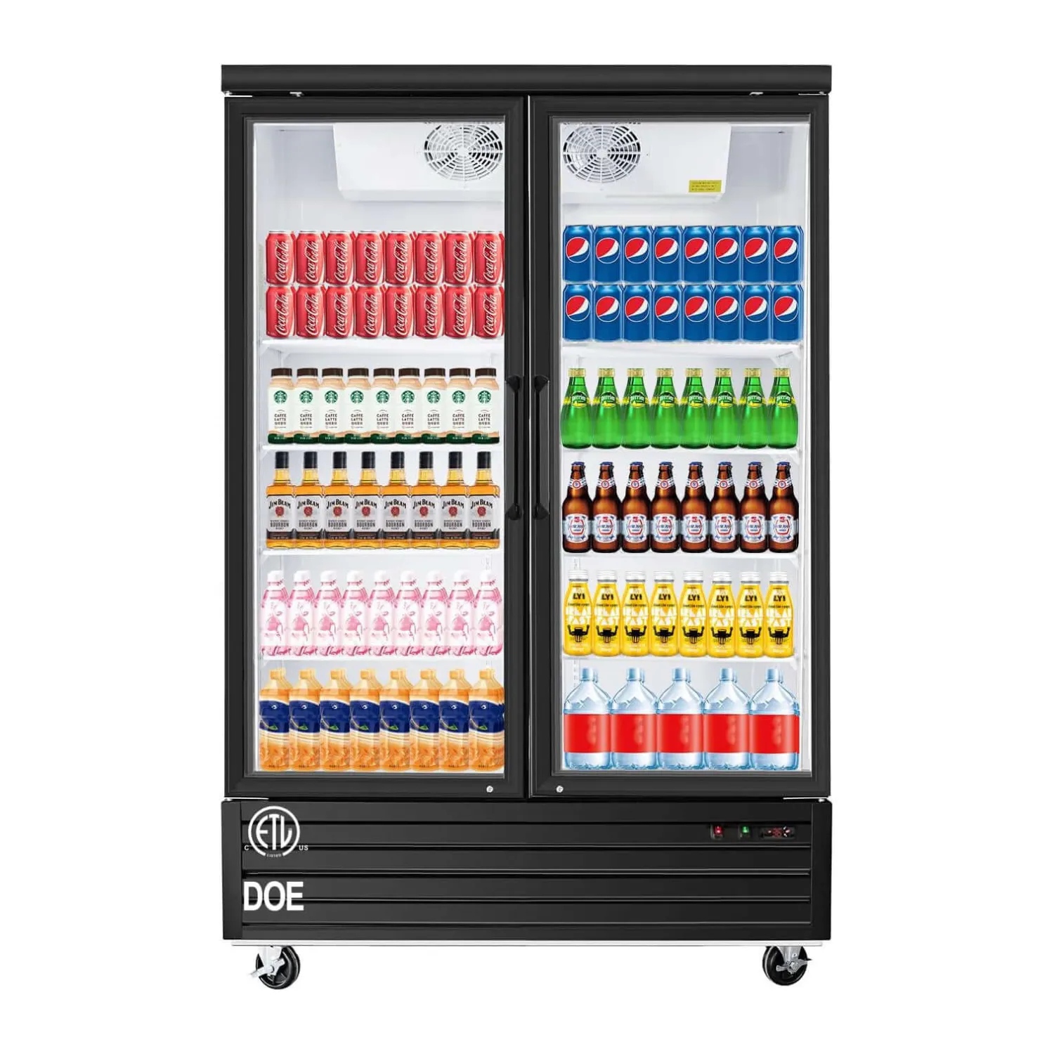 BLUELINETECH 40 Cu.Ft Display Refrigerator with 2 Glass Doors, Reach-in Commercial Beverage Refrigerator Fan Cooling Beverage Cooler Fridge with LED Lightning for Restaurant Bar Shop