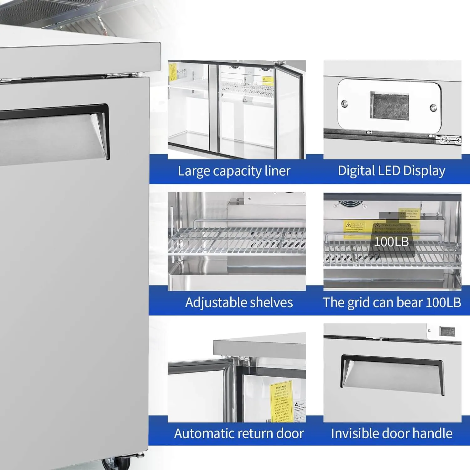 BLUELINETECH Commercial Refrigerator, 48" Worktop Undercounter Refrigerator,14.2 Cu.Ft Stainless Steel Refrigerator, ETL Approved,3 Door Worktop Fridge with lock for Restaurant, Bar, Diner