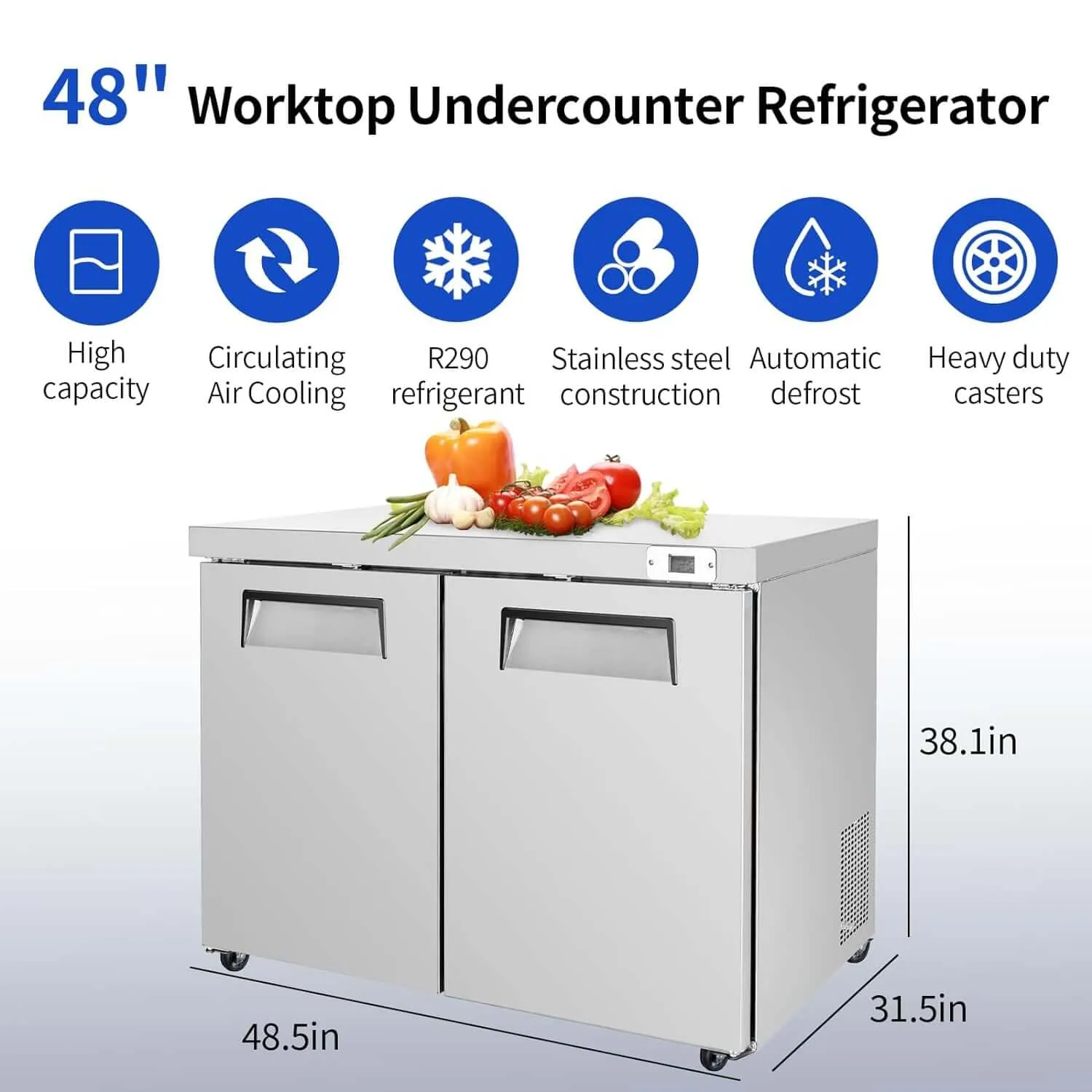 BLUELINETECH Commercial Refrigerator, 48" Worktop Undercounter Refrigerator,14.2 Cu.Ft Stainless Steel Refrigerator, ETL Approved,3 Door Worktop Fridge with lock for Restaurant, Bar, Diner