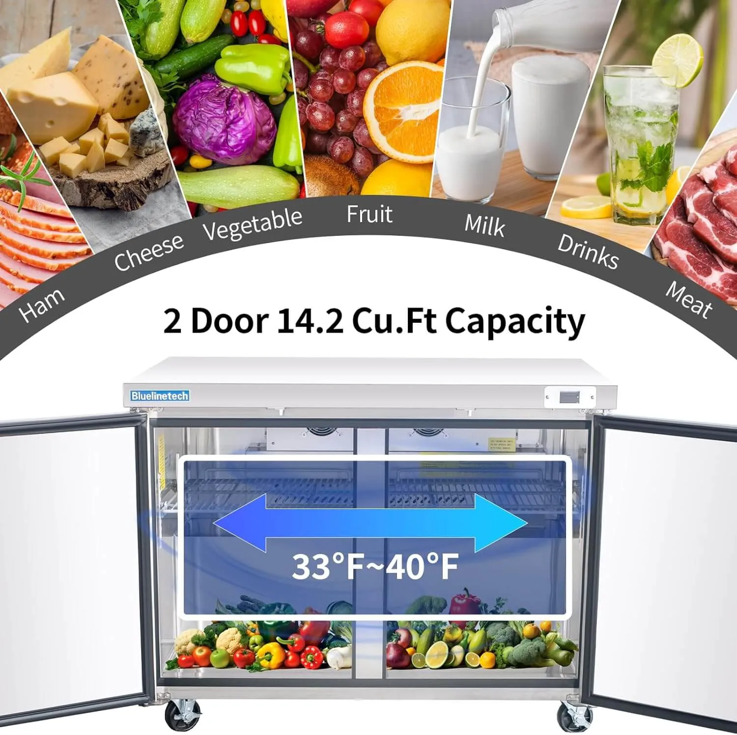 BLUELINETECH Commercial Refrigerator, 48" Worktop Undercounter Refrigerator,14.2 Cu.Ft Stainless Steel Refrigerator, ETL Approved,3 Door Worktop Fridge with lock for Restaurant, Bar, Diner