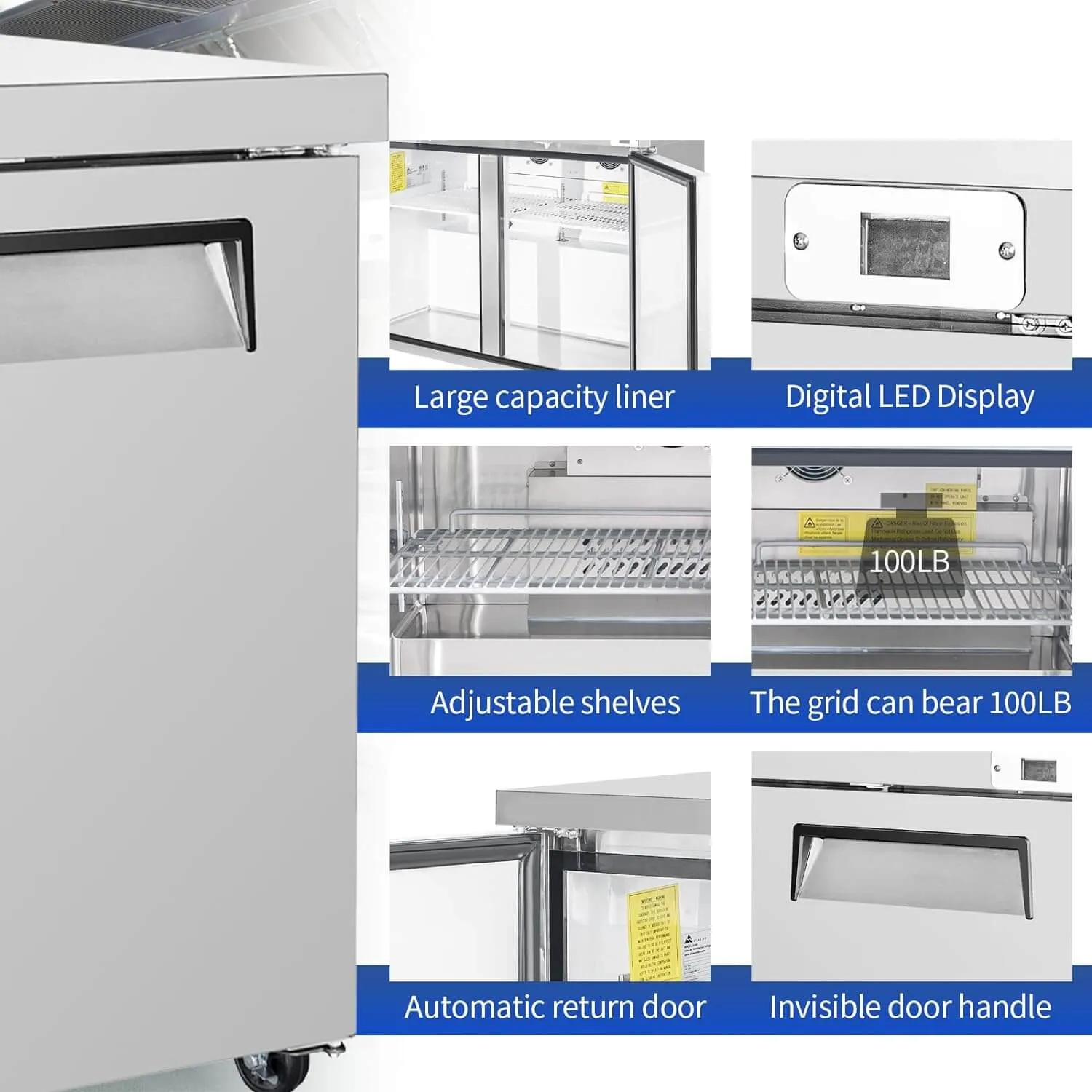 BLUELINETECH Commercial Refrigerator, 72" Worktop Undercounter Refrigerator,21.8 Cu.Ft Stainless Steel Refrigerator, ETL Approved,3 Door Worktop Fridge with lock for Restaurant, Bar, Diner