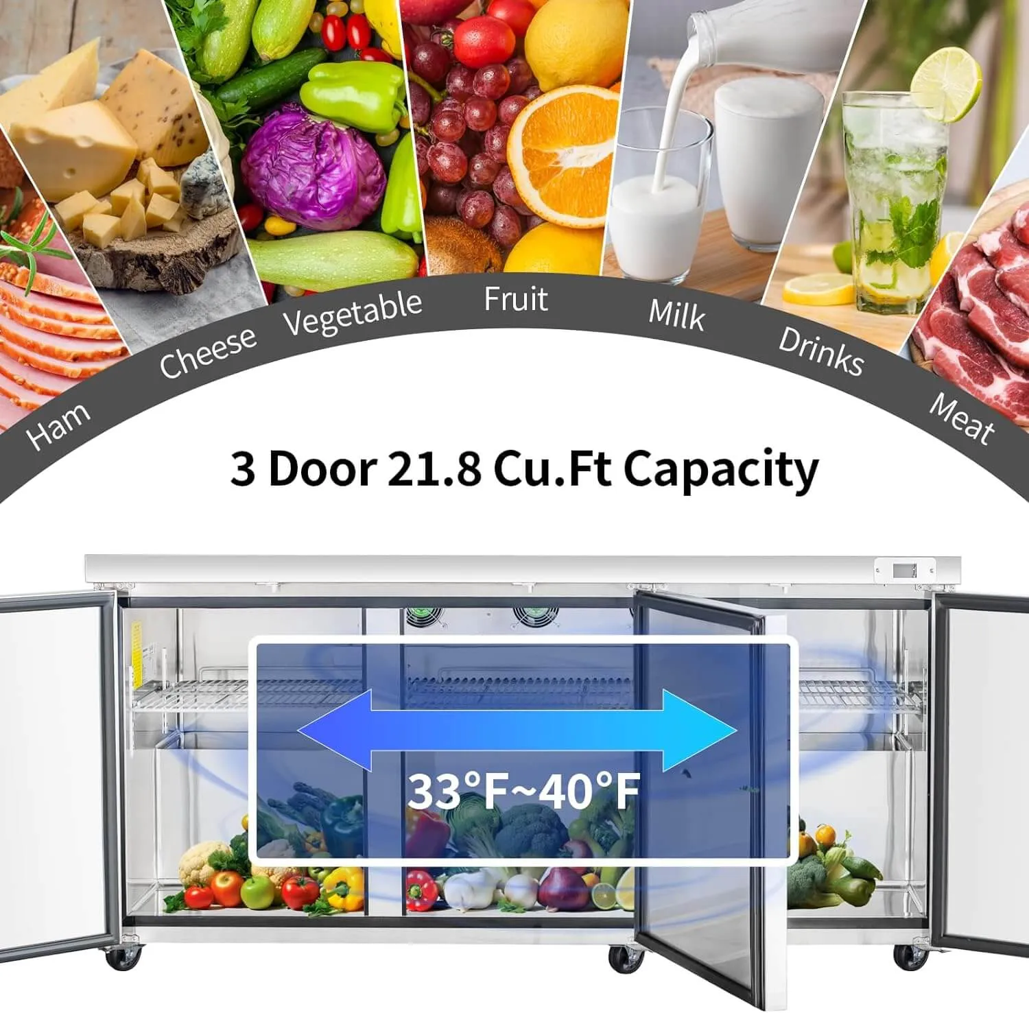 BLUELINETECH Commercial Refrigerator, 72" Worktop Undercounter Refrigerator,21.8 Cu.Ft Stainless Steel Refrigerator, ETL Approved,3 Door Worktop Fridge with lock for Restaurant, Bar, Diner