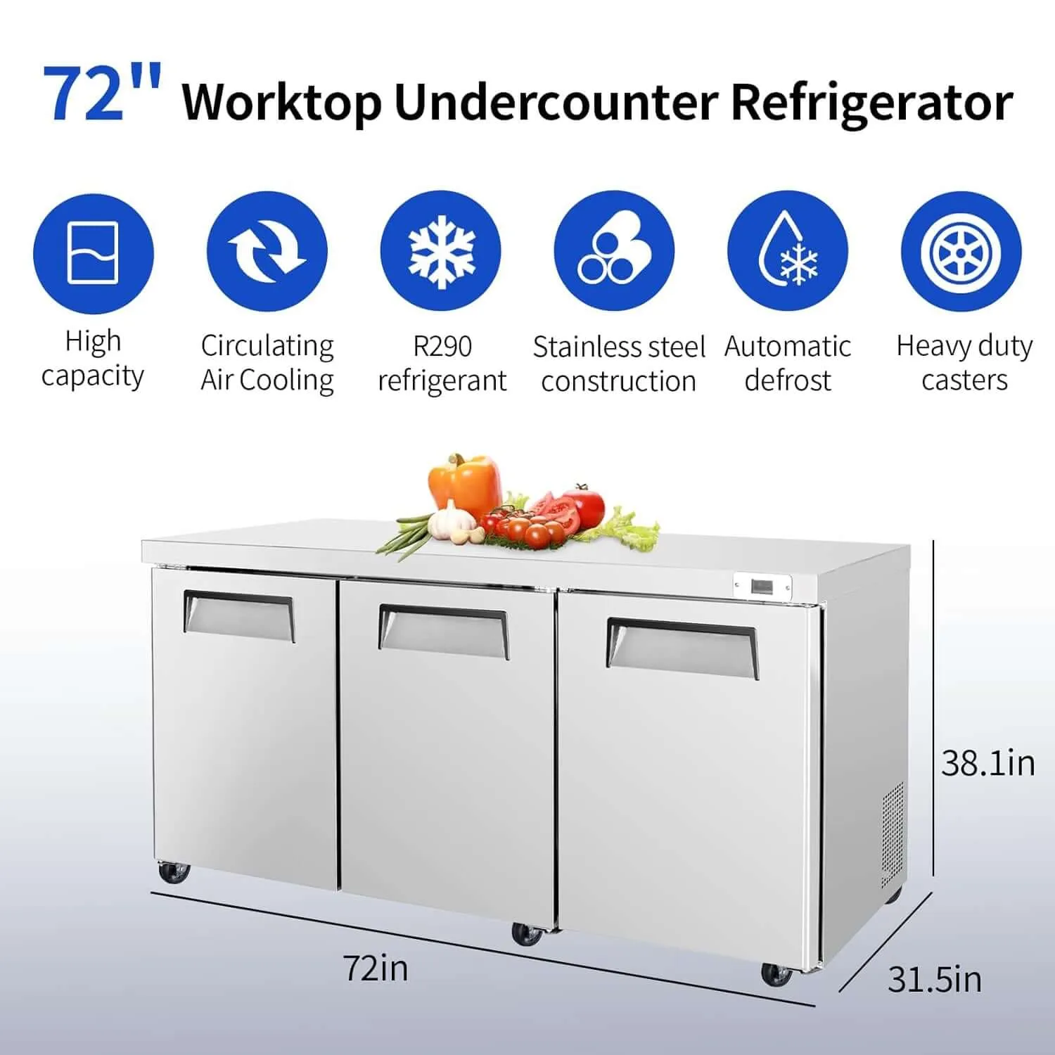 BLUELINETECH Commercial Refrigerator, 72" Worktop Undercounter Refrigerator,21.8 Cu.Ft Stainless Steel Refrigerator, ETL Approved,3 Door Worktop Fridge with lock for Restaurant, Bar, Diner