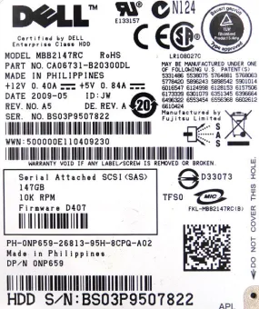 Dell 0NP659 Fujitsu 147GB 10K RPM SAS 3Gb/s 2.5 inch Hard Drive with Tray MBB2147RC