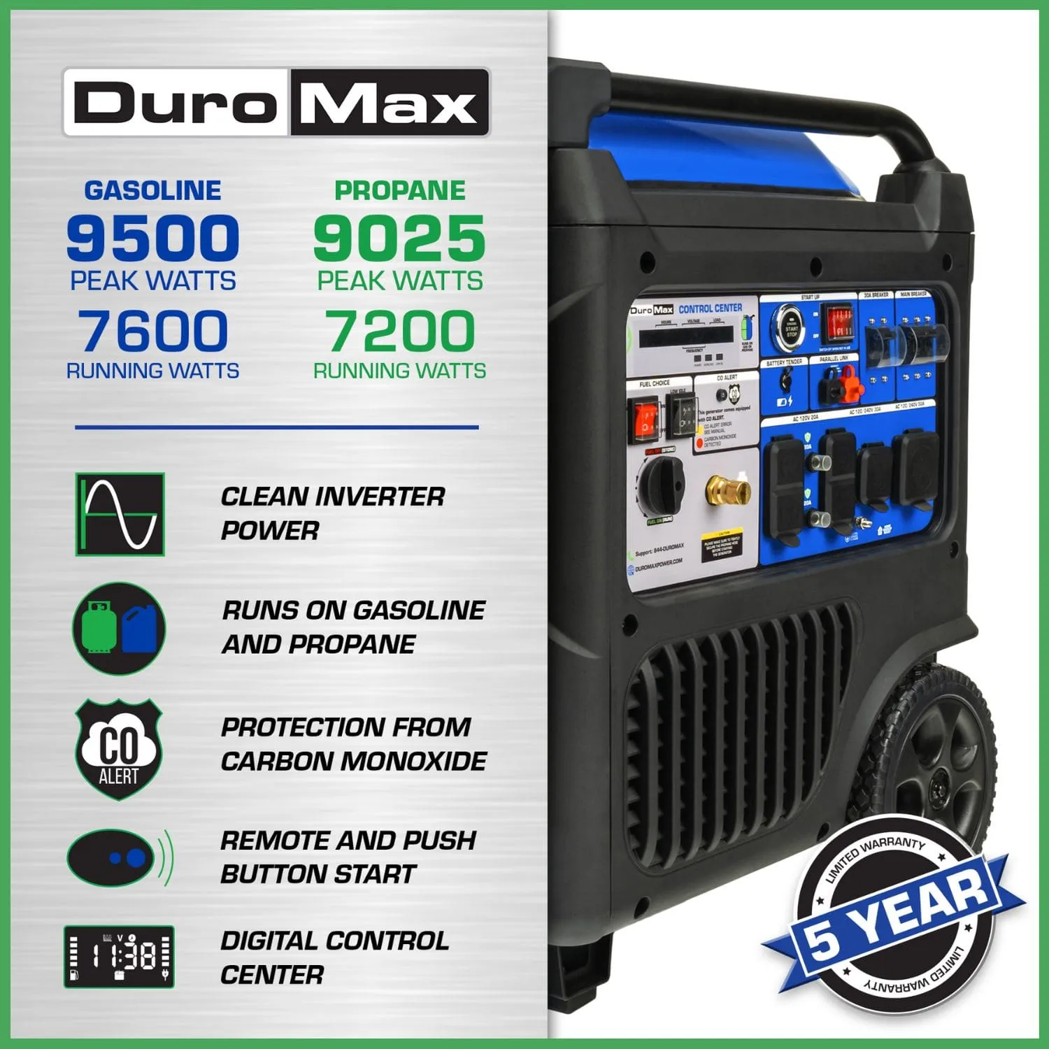 DuroMax XP9500iH Portable Dual Fuel Inverter Generator w/ CO Alert | 9500 Watts