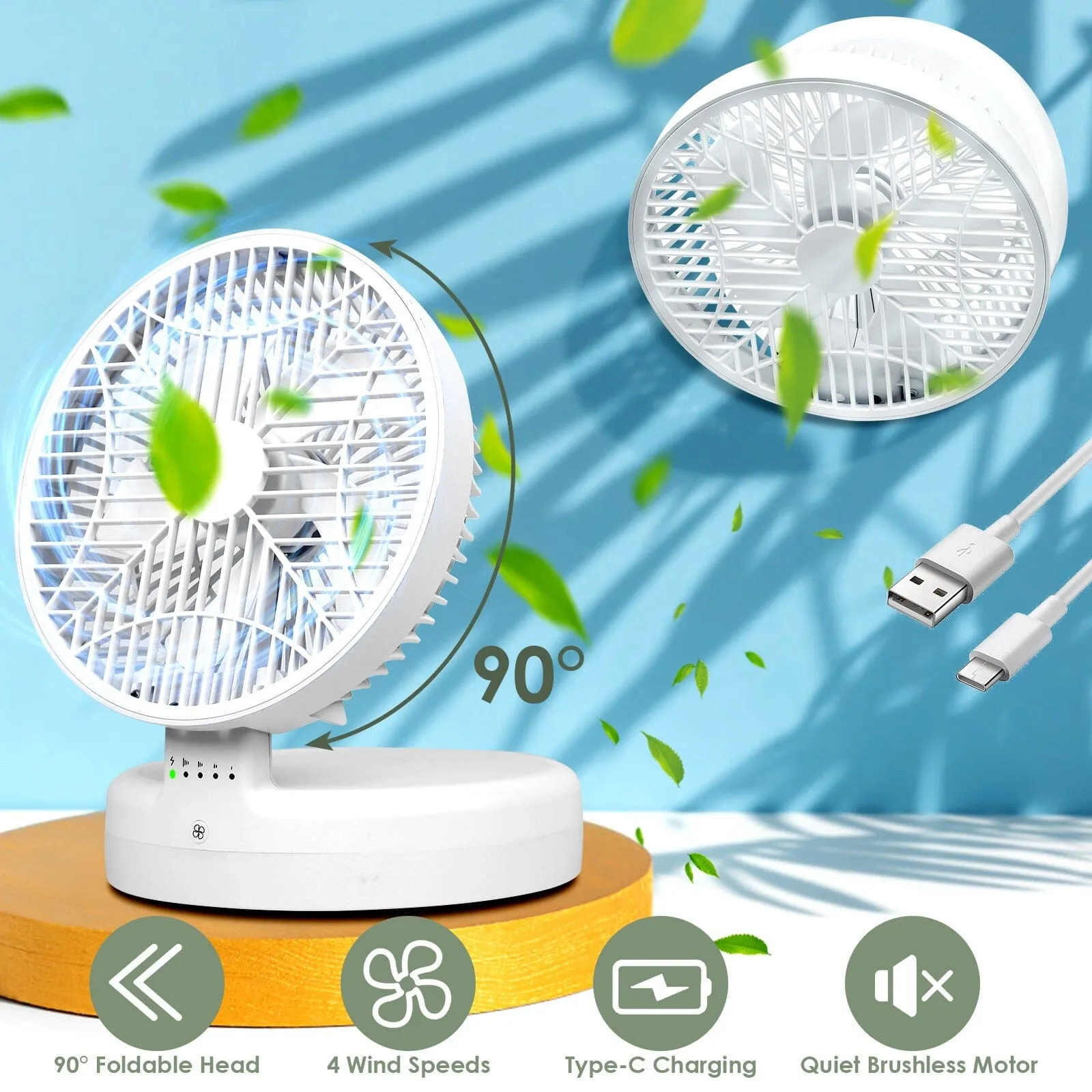 Foldable Desk Fan with 4 Wind Speeds Type-C Rechargeable Wall-Mounted