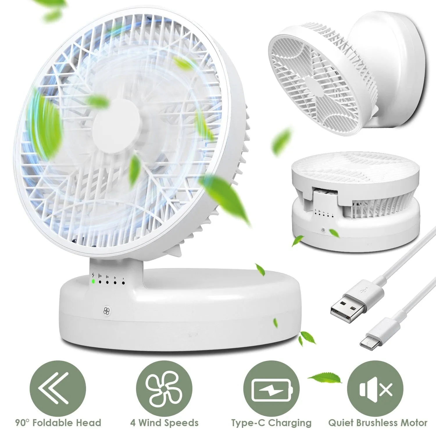 Foldable Desk Fan with 4 Wind Speeds Type-C Rechargeable Wall-Mounted