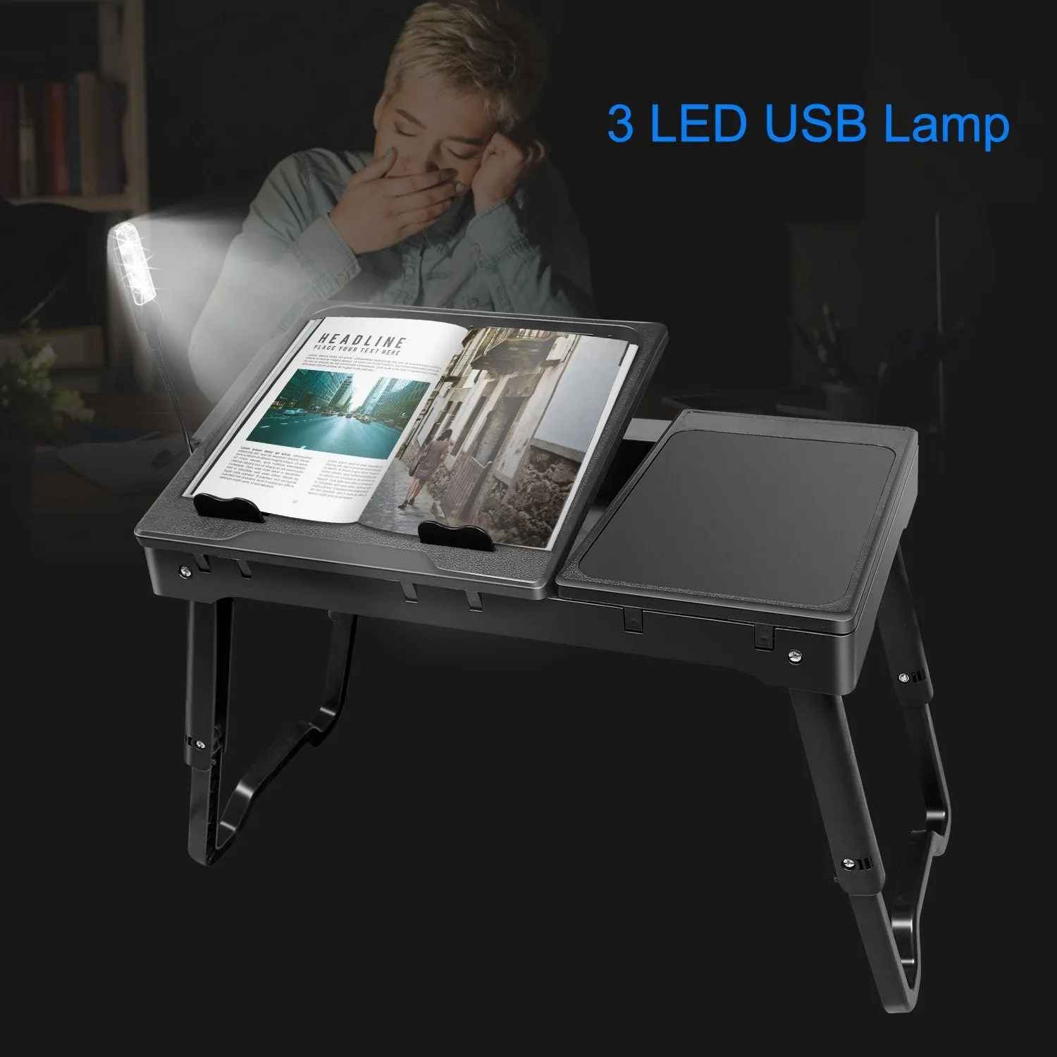 Foldable Laptop Table Bed Notebook Desk with Cooling Fan Mouse Board