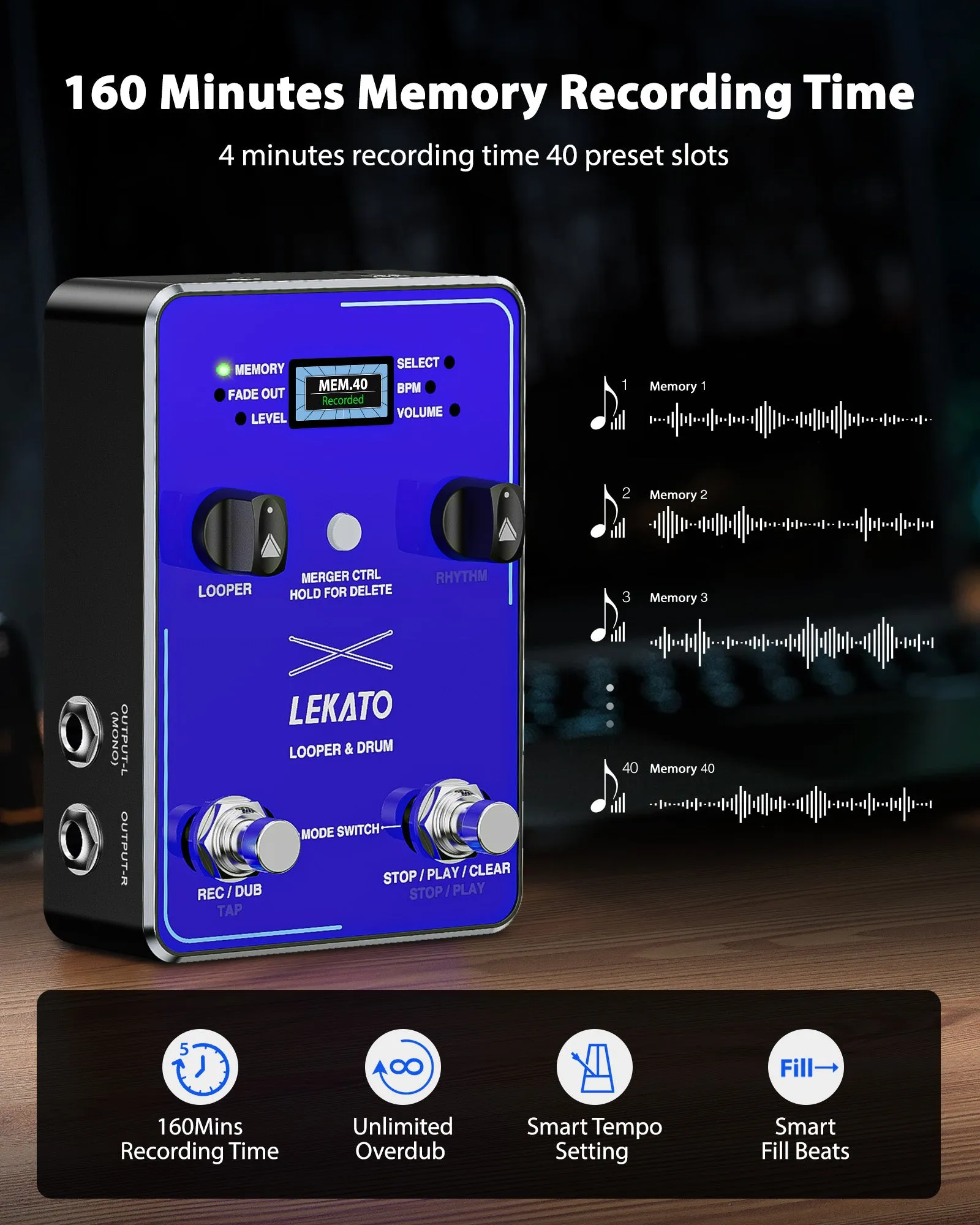 LEKATO Drum 2 IN 1 Looper Guitar Effects Loop Pedal(Only US&AU)