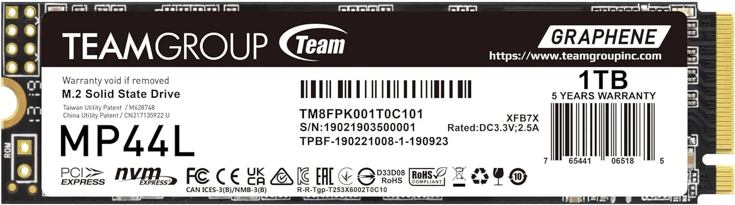 Team 1TB MP44L M.2 NVMe Gen4 SSD, M.2 2280, PCIe4, R/W 5000/4500 MB/s, Heat Dissipating Graphene Label