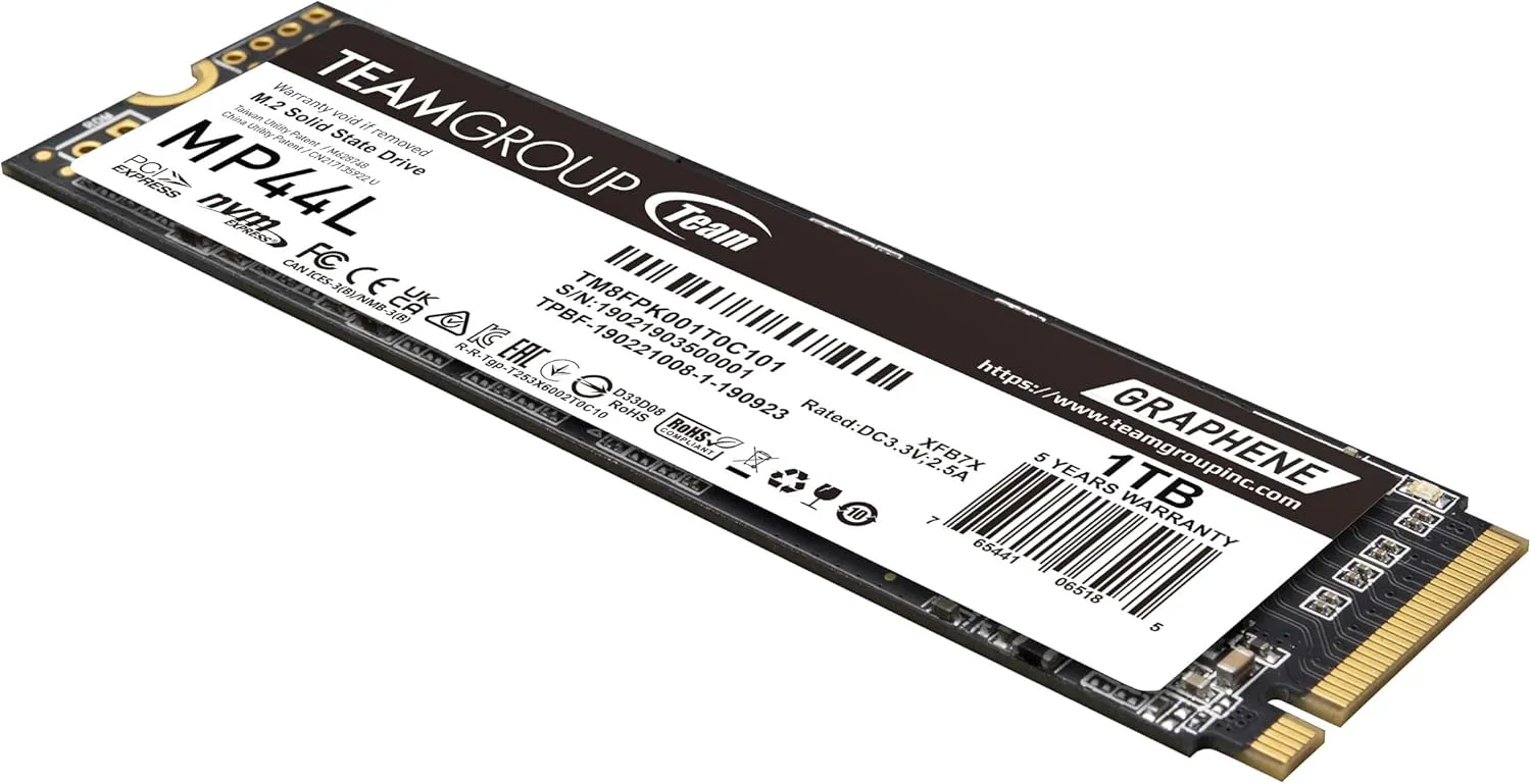 Team 1TB MP44L M.2 NVMe Gen4 SSD, M.2 2280, PCIe4, R/W 5000/4500 MB/s, Heat Dissipating Graphene Label