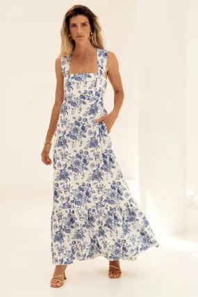 Vestido Buzios Flowers Blue Linho