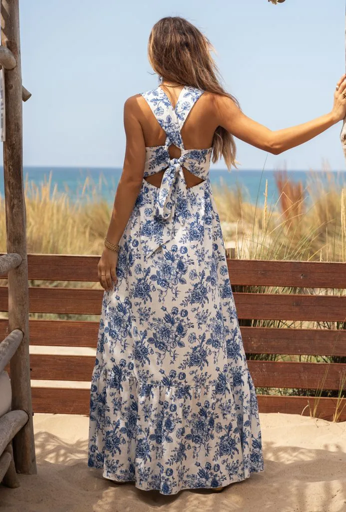 Vestido Buzios Flowers Blue Linho