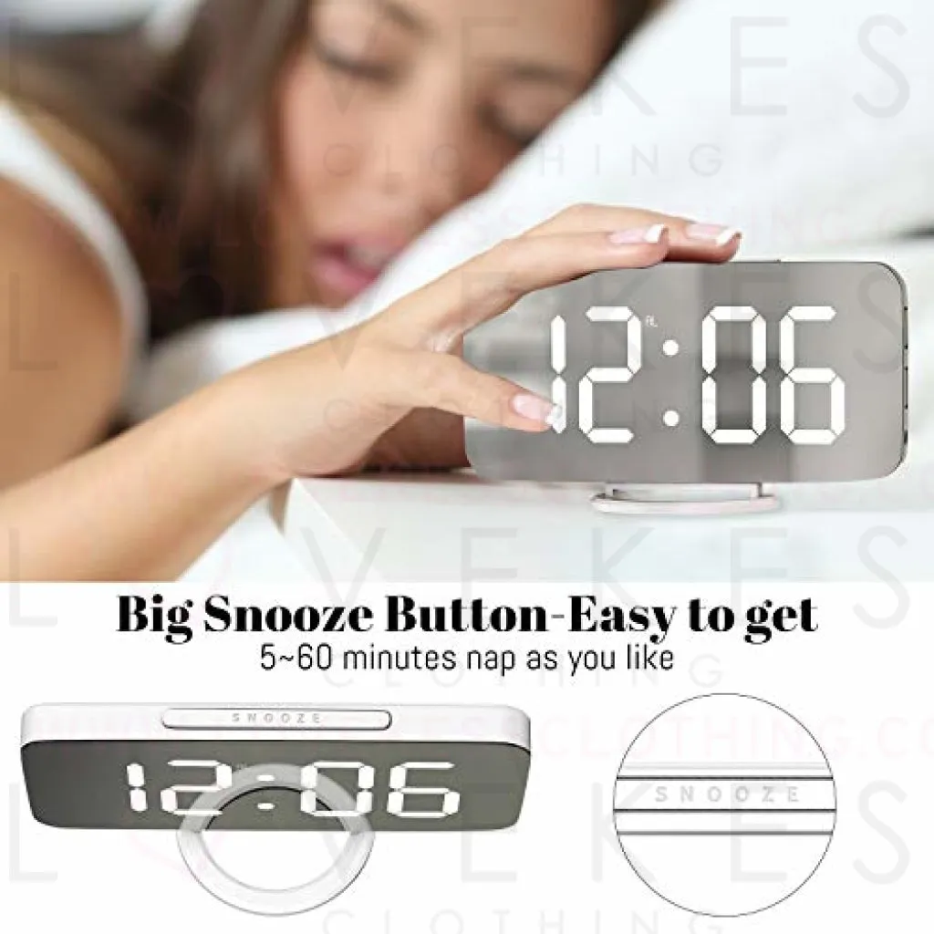 WulaWindy Digital Alarm Clock, Large Mirrored LED Display, with USB Charger, Snooze Function Dim Mode Wall Hanging Beside Desk Clock for Bedroom (White)