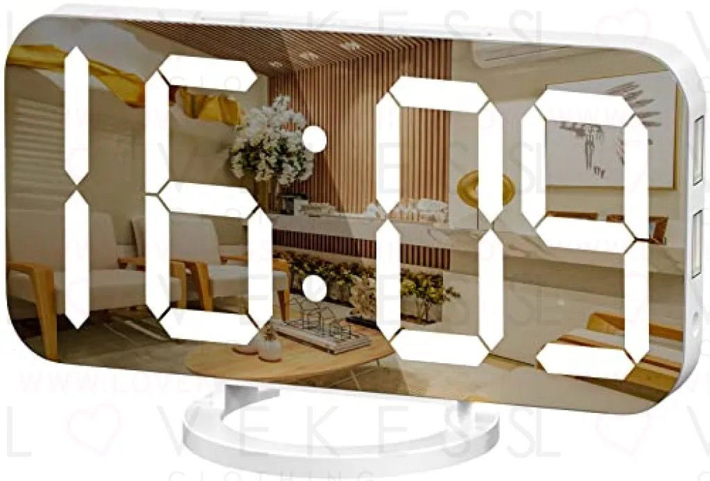 WulaWindy Digital Alarm Clock, Large Mirrored LED Display, with USB Charger, Snooze Function Dim Mode Wall Hanging Beside Desk Clock for Bedroom (White)